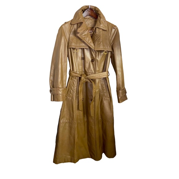 Vintage 70s Etienne Aigner Tan Belted Double Breasted Leather Trench Coat - Picture 3 of 16